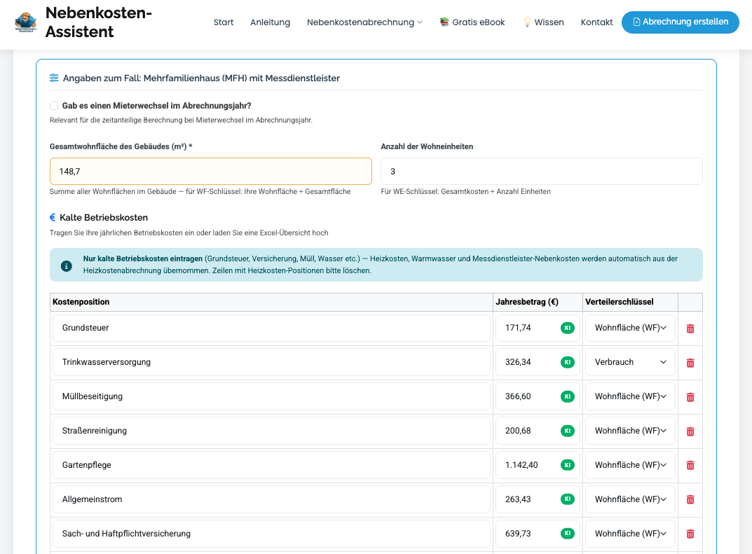 Schritt 4: Kostenpositionen bearbeiten und Wohnflächen eintragen